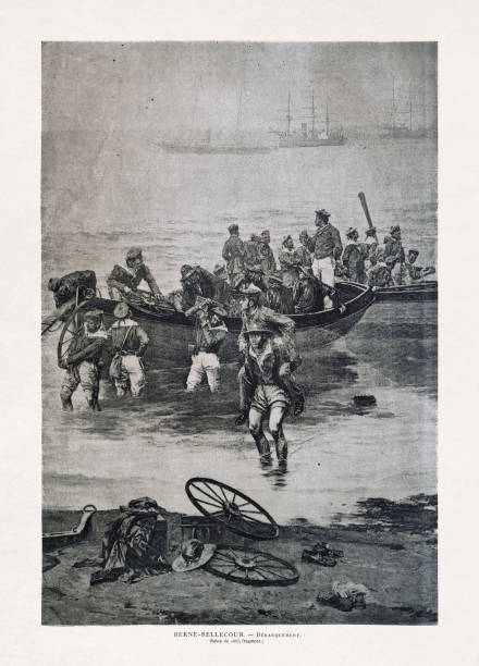 19th century illustration of a French navy unit landing on a beach vector art illustration