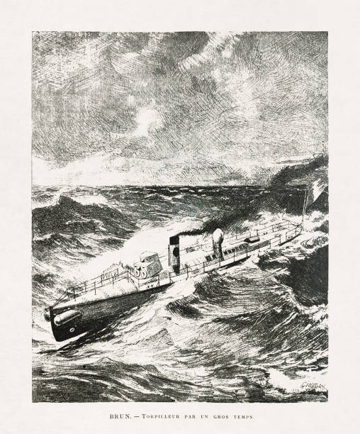 19th century illustration of a Torpedo boat in heavy weather vector art illustration