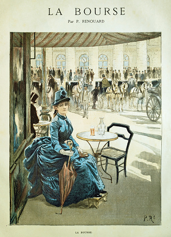 Illustration of a Woman sitting at the terrace of a cafe near the Paris Stock Exchange entitled 