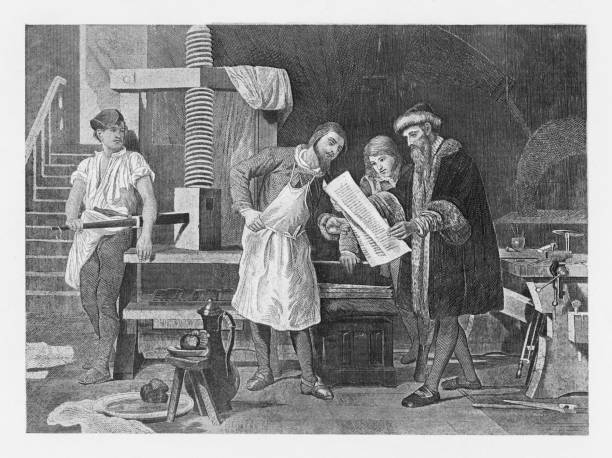 19th century illustration of Gutenberg and his press vector art illustration