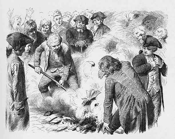 19th century illustration of people burning books vector art illustration