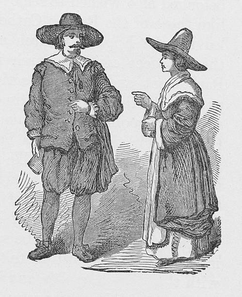 19th century illustration of pilgrims vector art illustration
