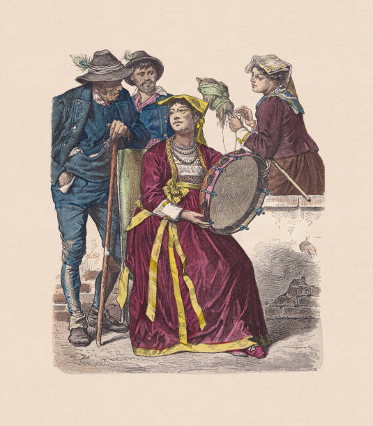 illustrazioni stock, clip art, cartoni animati e icone di tendenza di xix secolo, costumi italan, incisione in legno colorata a mano, pubblicata nel 1880 circa - frosinone
