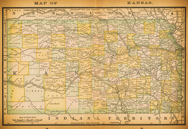 19th century map of Kansas 19th century map of Kansas. Published in New Dollar Atlas of the United States and Dominion of Canada. (Rand McNally & Co's, Chicago, 1884). olathe kansas stock illustrations