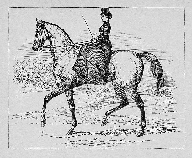 19th century woman riding with a horse vector art illustration