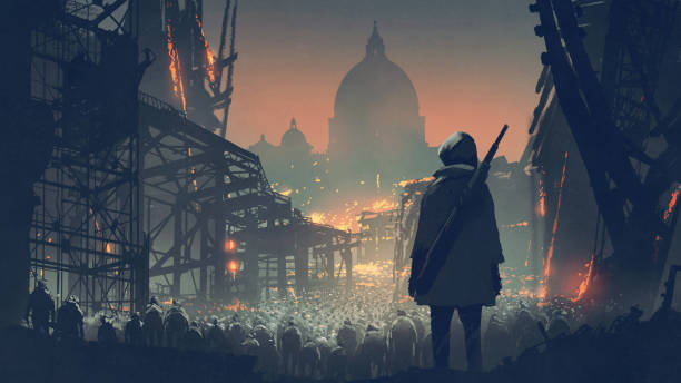 a crowd of people in apocalyptic city young man with a gun looking at a crowd of people in the apocalyptic city, digital art style, illustration painting apocalypse stock illustrations