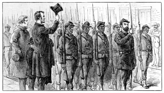 President Abraham Lincoln, with young son Tad and Senator Charles Sumner, salutes a detachment of African-American Union troops in Richmond, Virginia at the end of the American Civil War. Published in 1883, the illustration is now in the public domain. Digital restoration by Steven Wynn Photography.