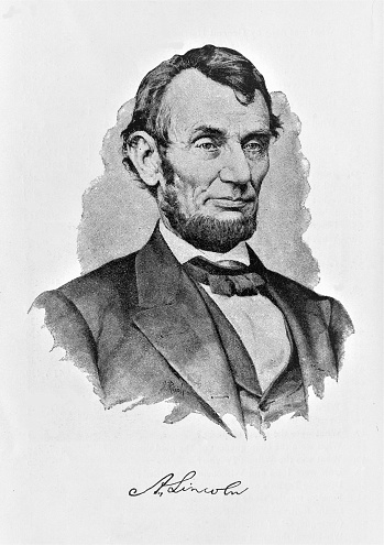 Portrait of Abraham Lincoln, president of the United States from 1861 to 1865, leading the U.S. through the Civil War. Lincoln signed the Emancipation Proclamation, freeing slave on January 1, 1863. Lincoln was born February 12, 1809, in Kentucky and assassinated April 15, 1865, Washington DC. Signature. Illustration published in The New Eclectic History of the United States by M. E. Thalheimer (American Book Company; New York, Cincinnati, and Chicago) in 1881 and 1890. Copyright expired; artwork is in Public Domain.