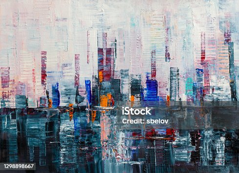 istock Abstract background, Modern skyscrapers oil painting. 1298898667
