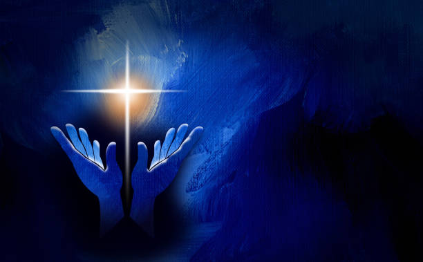 Abstract worship hands and glowing Christian cross Graphic conceptual illustration of worship hands and glowing Christian cross of Jesus. Art suitable for Easter holiday themes and Christian graphics including greeting cards and headers. religious cross backgrounds stock illustrations