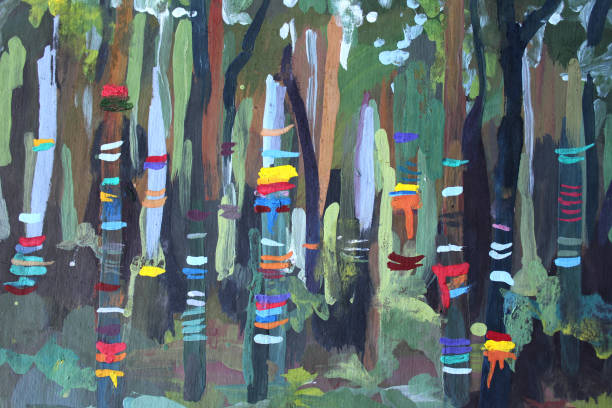 Acrylic sketch colorful tapes in the forest Acrylic sketch colorful tapes in the forest hand-drawn painting art product stock illustrations