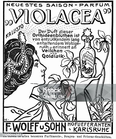 istock Ad for Violacea parfum, with orchids, violets, gold varnish 1329044287