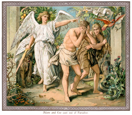 Vintage colour lithograph of Adam and Eve being cast out of Paradise, c.1880