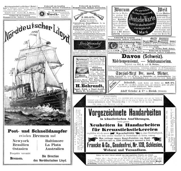 ilustrações, clipart, desenhos animados e ícones de anúncios de 1892 em uma revista alemã - davos