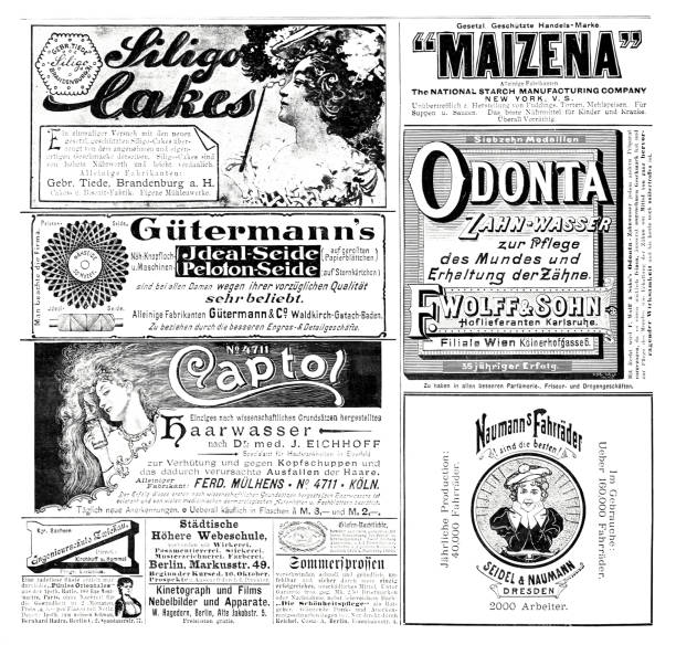 ilustrações, clipart, desenhos animados e ícones de folha de publicidade em uma revista alemã, 1899, incluindo maizena, nova york, e siligo cakes - maizena