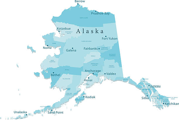 Alaska Vector Map Regions Isolated "Detailed vector map of Alaska with administrative divisions. File was created on October 22, 2012. The colors in the .eps-file are ready for print (CMYK). Included files: EPS (v8) and Hi-Res JPG (5600aa aaa 3911 px)." alaska stock illustrations
