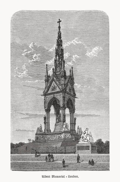 앨버트 기념관, 켄싱턴 가든, 런던, 영국, 나무 조각, 출판 1893 - chelsea stock illustrations