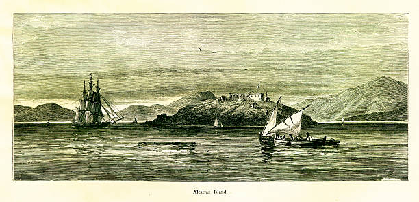 Alcatraz Island, California, wood engraving (1872) View of Alcatraz Island in San Francisco Bay, California, USA. Illustration published in Picturesque America (D. Appleton & Co., New York, 1872). alcaraz stock illustrations
