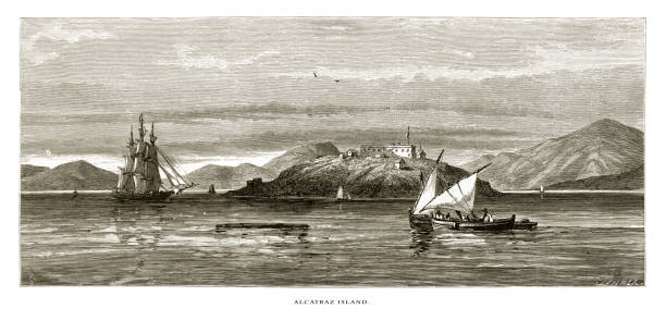 Alcatraz Island, Golden Gate on the Coast of California, United States, American Victorian Engraving, 1872 Very Rare, Beautifully Illustrated Antique Engraving of Alcatraz Island, Golden Gate on the Coast of California, United States, American Victorian Engraving, 1872. alcaraz stock illustrations