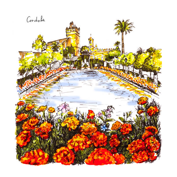 Alcazar de los Reyes Cristianos, Cordoba, Spain Blooming gardens and fountains of Alcazar de los Reyes Cristianos, royal palace of the cristian kings, in Cordoba, Andalusia, Spain. Picture made liner and markers cordoba spain stock illustrations