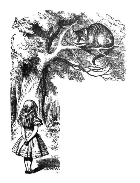 ilustrações de stock, clip art, desenhos animados e ícones de alice in wonderland antique illustration - alice talking to cheshire cat in a tree - alice in wonderland