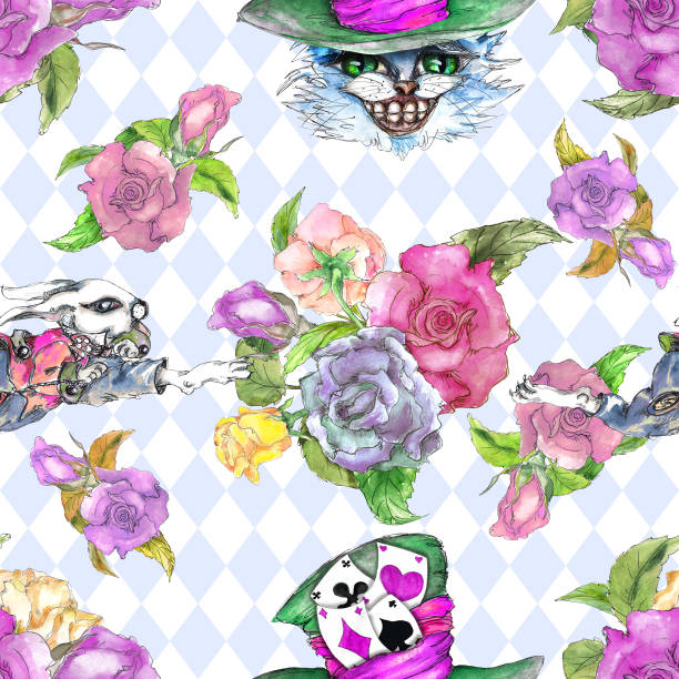Alice in Wonderland cute bunny and Cheshire cat watercolor objects set seamless pattern Alice in Wonderland cute bunny and Cheshire cat watercolor objects set seamless pattern bunny poker stock illustrations