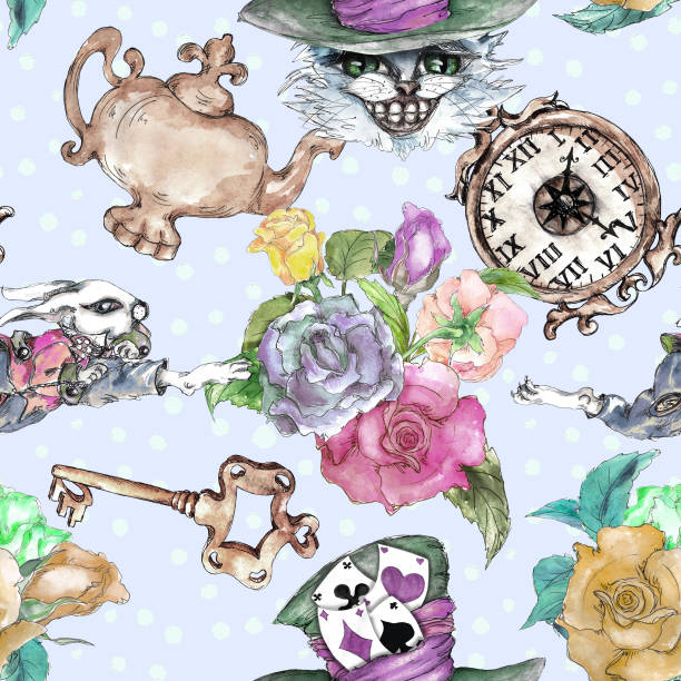 Alice in Wonderland cute bunny and Cheshire cat watercolor objects set seamless pattern Alice in Wonderland cute bunny and Cheshire cat watercolor objects set seamless pattern bunny poker stock illustrations
