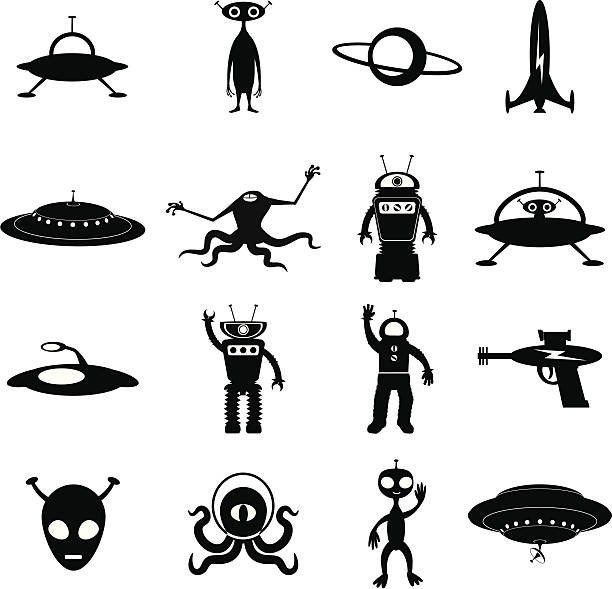 Alien and UFO Icon set "Set of icons with space aliens, flying saucers, robots and rocket ships!" lightning silhouettes stock illustrations