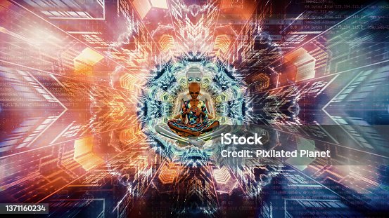 istock Alien meditating on a colorful psychedelic background 1371160234