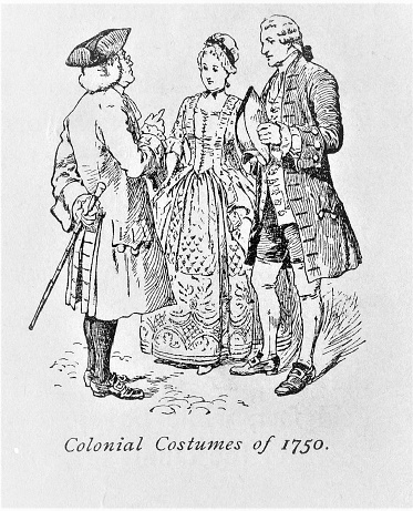Two men and a woman dressed in early 18th century period dress in Colonial America. Illustration published in The New Eclectic History of the United States by M. E. Thalheimer (American Book Company; New York, Cincinnati, and Chicago) in 1881 and 1890. Copyright expired; artwork is in Public Domain.