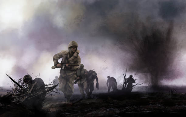 American soldiers on battlefield. WW2 illustration of american soldiers platoon attacking on a battlefield with explosions and mist background. battlefield stock illustrations