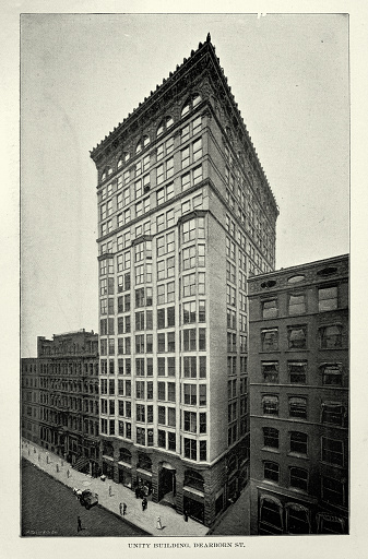 Vintage illustration after a photograph of The Unity Building in Chicago, Illinois, at 127 North Dearborn Street in the Chicago Loop, was a 17-story building[1] that was once the tallest skyscraper in Chicago, The Unity Building was built between 1890 and 1892 by John Peter Altgeld, who became the 20th Governor of Illinois. It was demolished in 1989.