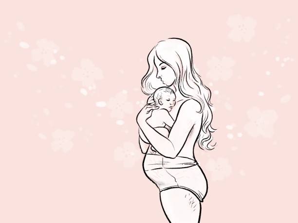 An illustration of a woman postpartum holding her sleeping newborn A beautiful minimalist illustration of a postpartum woman holding her sleeping newborn, she wears postpartum underwear postpartum body stock illustrations