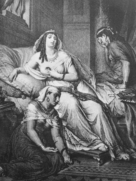 stockillustraties, clipart, cartoons en iconen met een illustratie van cleopatra met bedienden in het oude boek shakespeare, door n. kozhevnikov, 1894, moskou - cleopatra