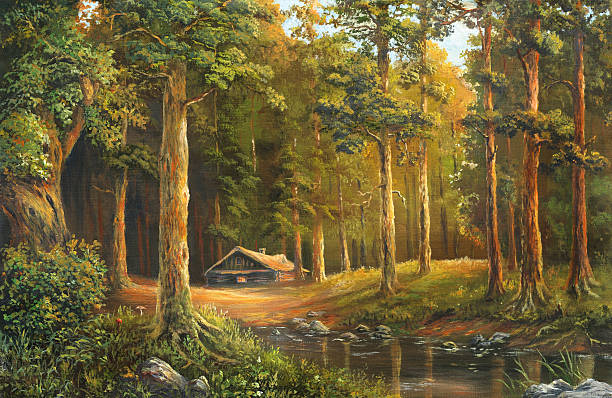 an oil painting of a wooden cabin in a forest clearing - 原木小屋 插圖 幅插畫檔、美工圖案、卡通及圖標