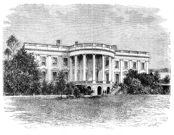 An older picture of the White House White house in Washington. Illustration originally published in Ernst von Hesse-Wartegg's "Nord Amerika", swedish edition published in 1880. The image is currently in public domain. white house stock illustrations
