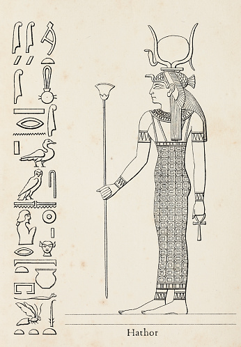 Ancient egyptian hieroglyph of goddess Hathor
Hathor was a major goddess in ancient Egyptian religion who played a wide variety of roles. As a sky deity, she was the mother or consort of the sky god Horus and the sun god Ra, both of whom were connected with kingship, and thus she was the symbolic mother of their earthly representatives, the pharaohs
Original edition from my own archives
Source : Bilder-Atlas - Ikonographische Encyklopädie 1870