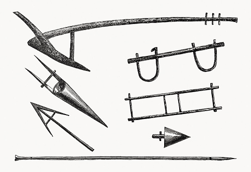 Ancient farming implements in Asia Minor. Wood engravings, published in 1862.