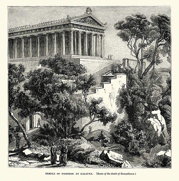 illustrazioni stock, clip art, cartoni animati e icone di tendenza di antica grecia-tempio di poseidone in kalauna - capo sounion