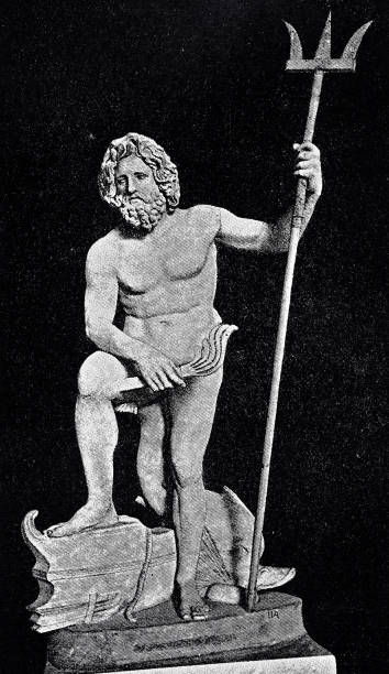 Ancient greek god Poseidon, marble statue in Rome Illustration from 19th century poseidon statue stock illustrations