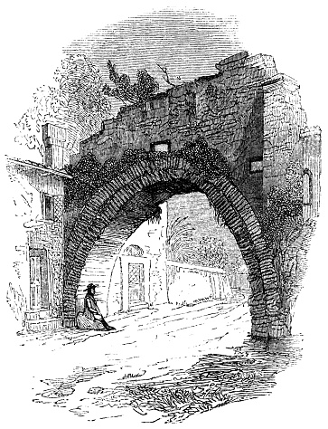 Ancient Roman porta (gate) in Rome, Italy from the Works of William Shakespeare. Vintage etching circa mid 19th century.