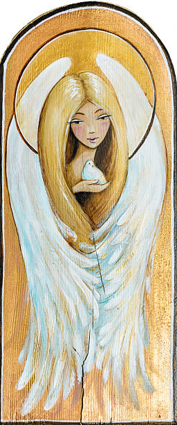 Angel Watercolor illustration-cute angel with small bird in hand painted on a wood. sweet little models pictures stock illustrations