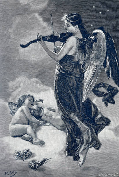 kanatlı melek kadın küçük melekler için keman çalıyor - mimari illüstrasyonlar stock illustrations