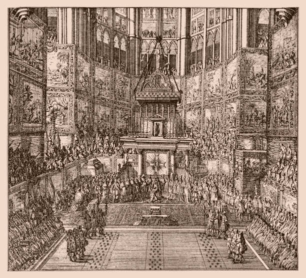 illustrations, cliparts, dessins animés et icônes de onction de louis xiv dans la cathédrale de reims le 7 juin 1654 - reims