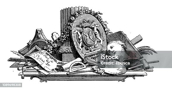 istock Antique art engraving illustration: Science and art composition 1089698308