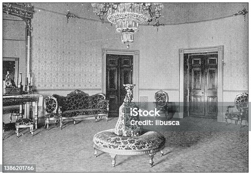 istock Antique black and white photograph of Washington, USA: White house, Blue room 1386201766