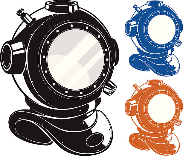 Antique Deep-Sea Diving Helmet An antique deep sea diving helmet with single color options. Works on any color background. deep sea diving stock illustrations