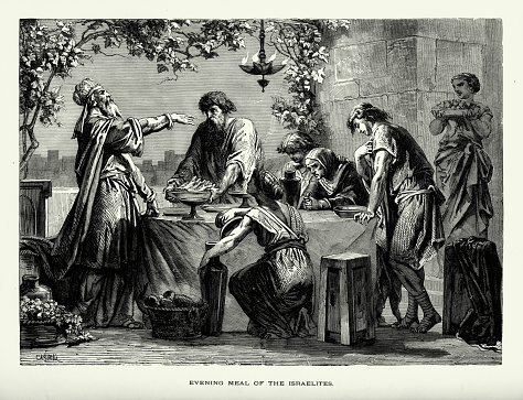 Rare and beautifully executed Engraved illustration of Passover or the Evening Meal of the Israelites Biblical Engraving from The Popular Pictorial Bible, Containing the Old and New Testaments, Published in 1862. Copyright has expired on this artwork. Digitally restored.
