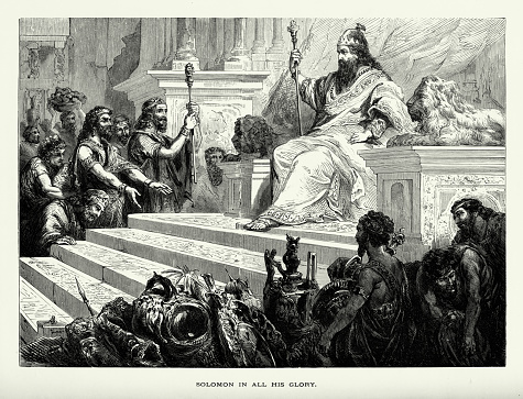 Rare and beautifully executed Engraved illustration of King Solomon in All His Glory Biblical Engraving from The Popular Pictorial Bible, Containing the Old and New Testaments, Published in 1862. Copyright has expired on this artwork. Digitally restored.