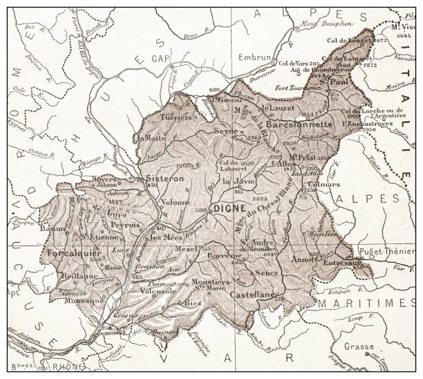 antyczna francuska mapa basses-alpes (departament) - digne stock illustrations